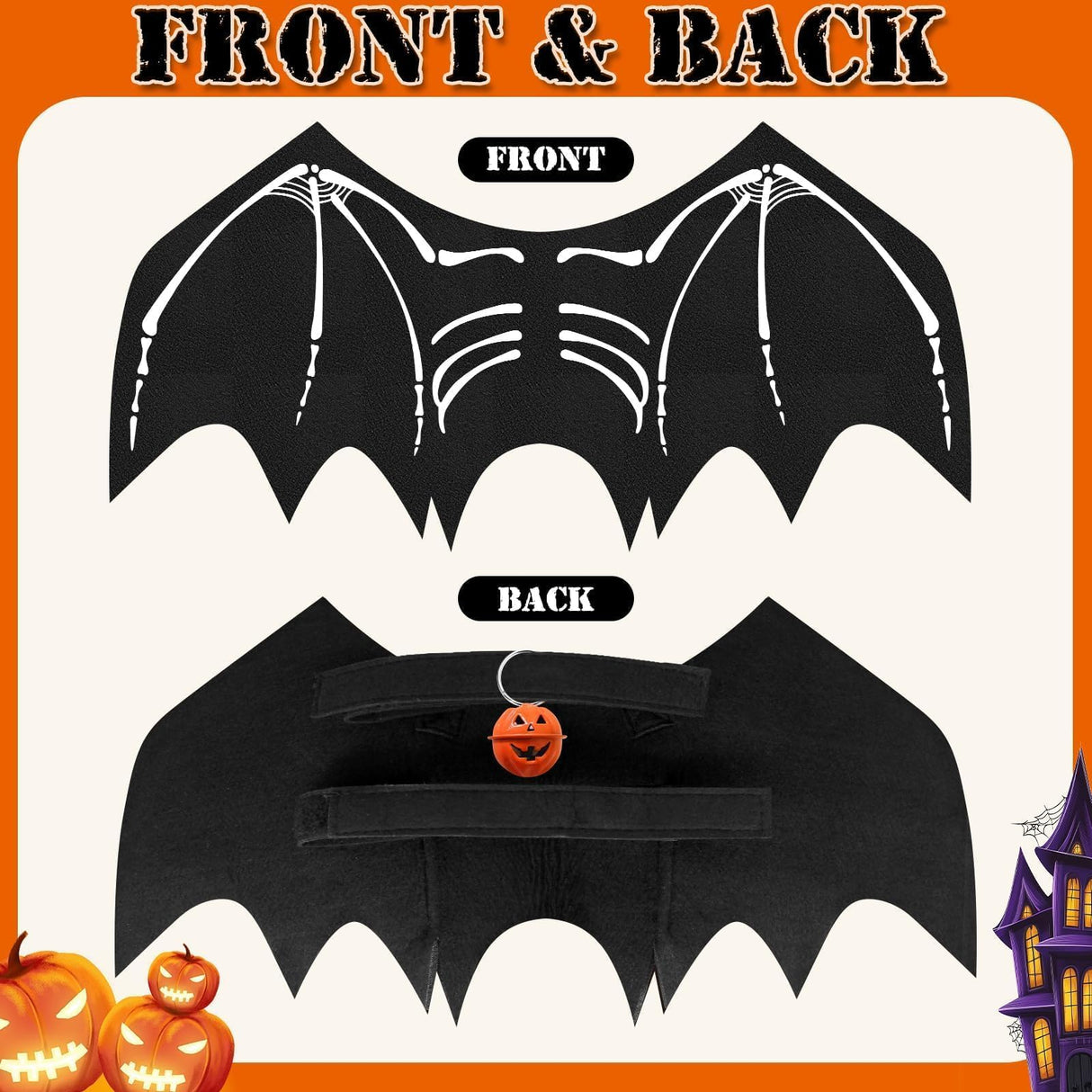 Olanrun Large Dog Halloween Costumes, Adjustable Dog Bat Wings Costumes for Large Dogs with Pumpkin Bell Skeleton Print On The Back, Pet Costume Halloween Cosplay Party Dress Up, XL Black