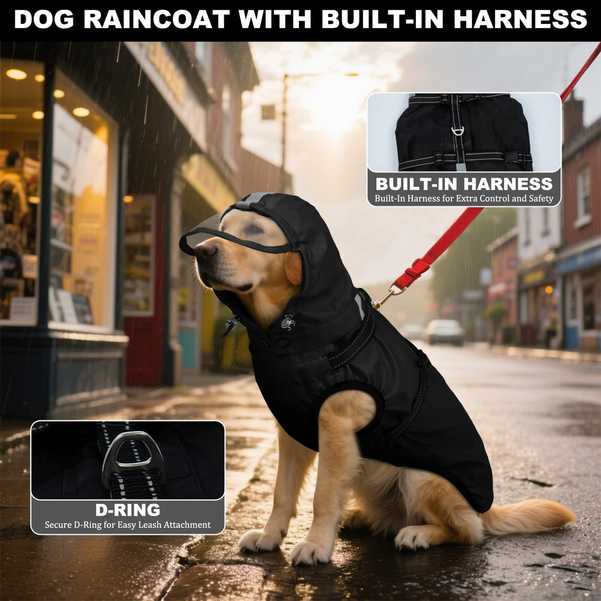 OUOBOB Dog Raincoat for Medium Dogs, Dog Rain Jacket with Adjustable Built-in Harness & Back Zipper, Reflective Strip, Removable Hood, for Rainy Walks, Muddy Roads or After-Bath Outings - Black M