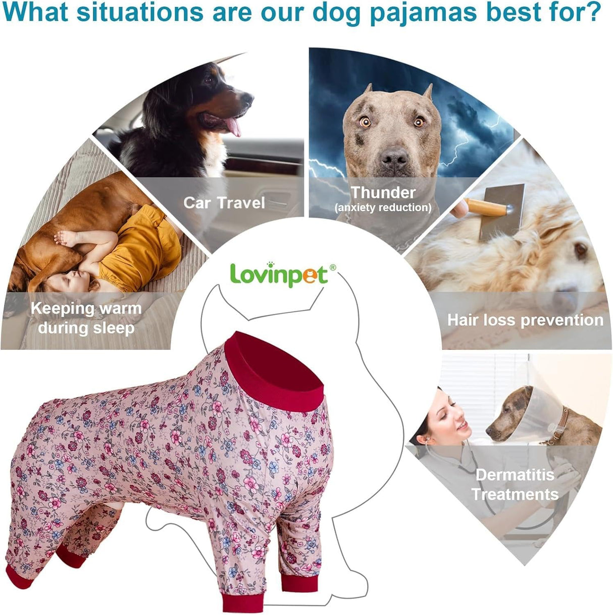 LovinPet Pittbull Pjs Pet Anxiety Calming Shirt, Anti Licking Dog Pajamas, Bouquet Print, Large Dog Clothes for Parties, Camping, Travel, and Home,3XL