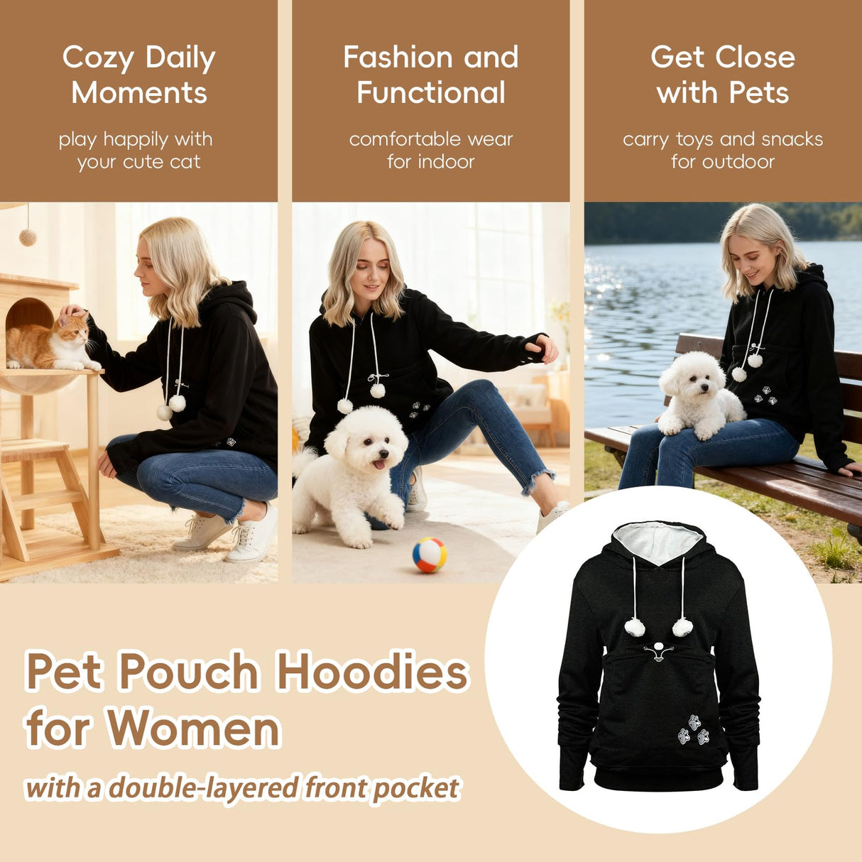 XUDREZ Unisex Big Pouch Hoodie Long Sleeve Pet Dog Holder Carrier Sweatshirt Hooded Pocket Kangaroo Hoodie (Black,L)
