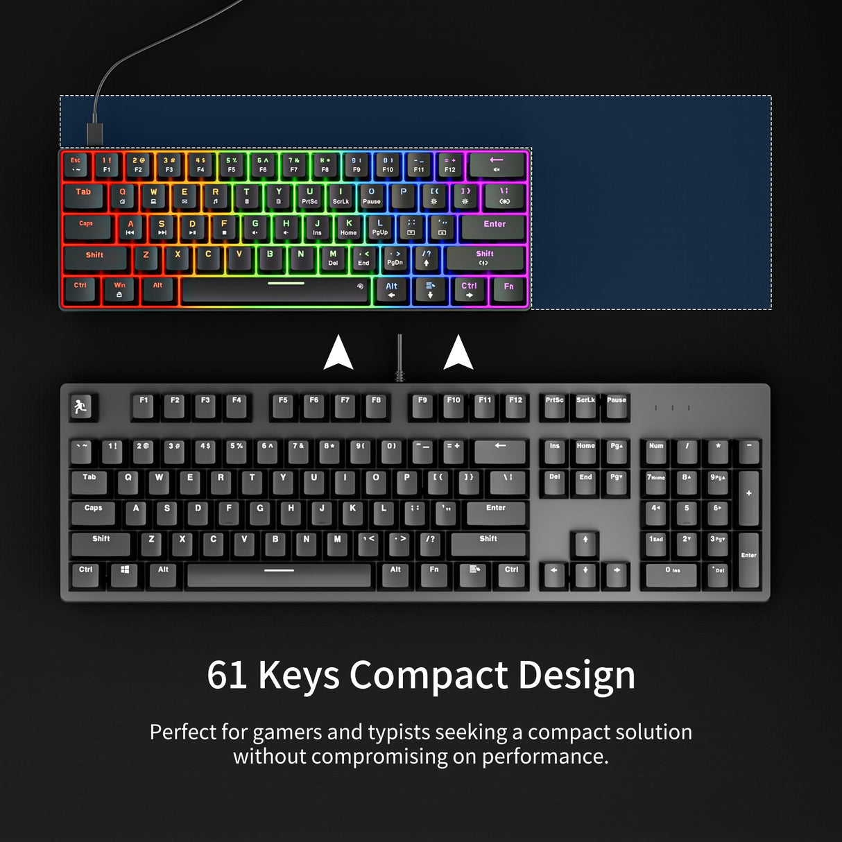 GM611 Mechanical Keyboard,Rainbow LED Backlit Gaming Wired Keyboards Compact Mini 61 Keys Portable 60 Percent Mechanical Keyboard with Black Keycaps,for Windows Laptop PC Linear Red Switches