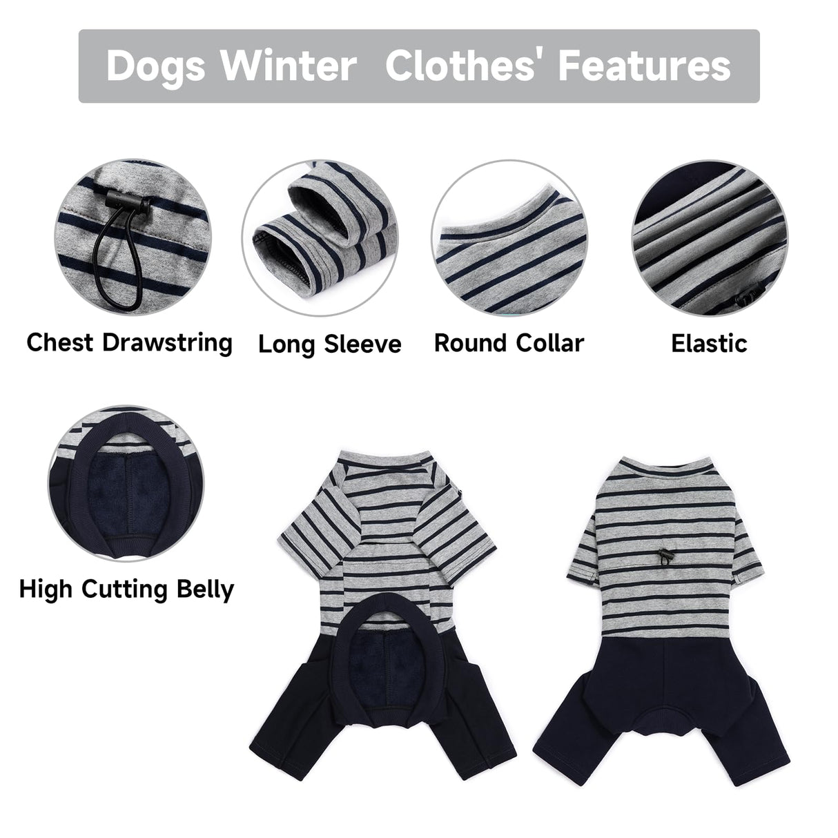 Winter Coat for Dogs - Warm Cotton Cold Weather Striped Round Neck Pajamas, Long Sleeves Jumpsuit, Color-Blocked Clothes for Small Medium Dogs, Onesie Anti Hair Shedding