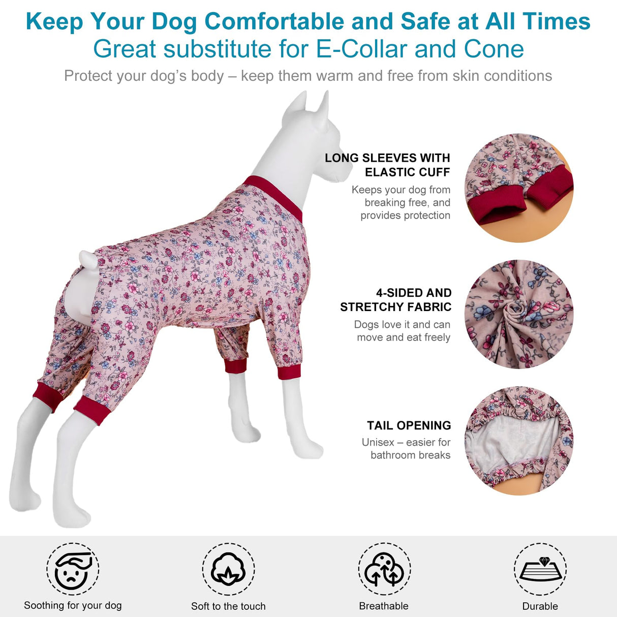 LovinPet Pittbull Pjs Pet Anxiety Calming Shirt, Anti Licking Dog Pajamas, Bouquet Print, Large Dog Clothes for Parties, Camping, Travel, and Home,3XL