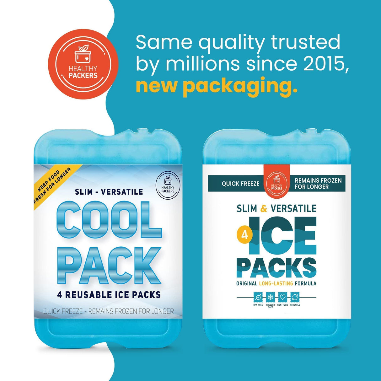 Healthy Packers Ice Packs for Lunch Boxes & Coolers - Freezer Packs - Original Cool Pack | Cooler Accessories for Beach, Camping & Fishing | Slim & Long-Lasting Reusable Ice Pack for Cooler (Set of 4)