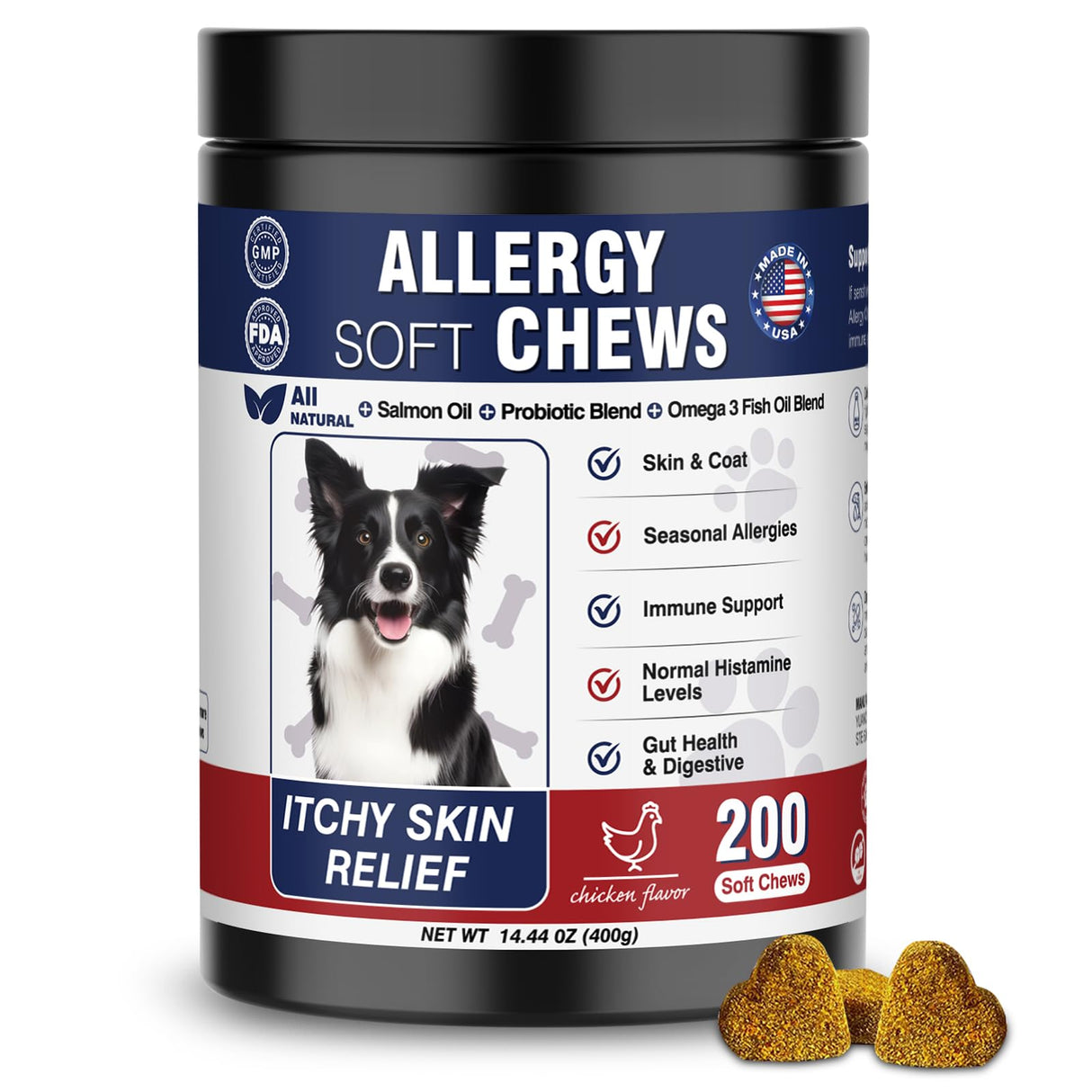 200 Treats, Dog Allergy Chews Immune Support Dogs Dog Allergy and Itching Skin Relief Bites Probiotics for Yeast, Itchy Skin and Itchy Ears Anti Itch Licking Paws Treatment for Dogs Seasonal Allergies