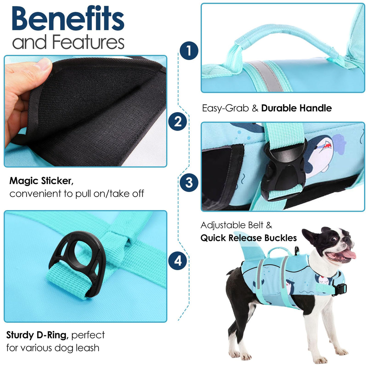 AOFITEE Dog Life Vest for Swimming, Shark Dog Life Jacket Large, High Flotation Dogs Swimming Vest with Rescue Handle and Reflective Stripe, Dogs Lifesaver Swimsuit for Boating Summer Pool Beach, XL