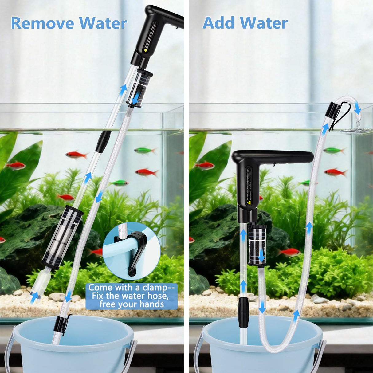 AQQA Upgraded DC 18W Electric Aquarium Vacuum Gravel Cleaner, Anti-Clog Pre-Filter Design, 7-in-1 Multifunctional Fish Tank Cleaning Kit for Dirt Removal, Water Change, Sand Washing, Turtle Shower