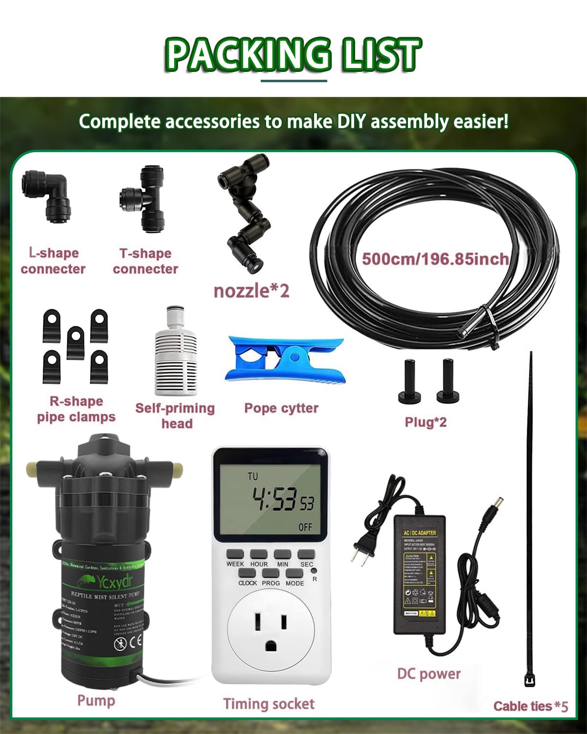 Automatic Reptile Mister System, Misting System with Timer, Reptile Humidifiers Quiet Pump Expandable to 10 Fine Mist Nozzles, Terrarium Mister with Programmable Timer Accurate to The Second