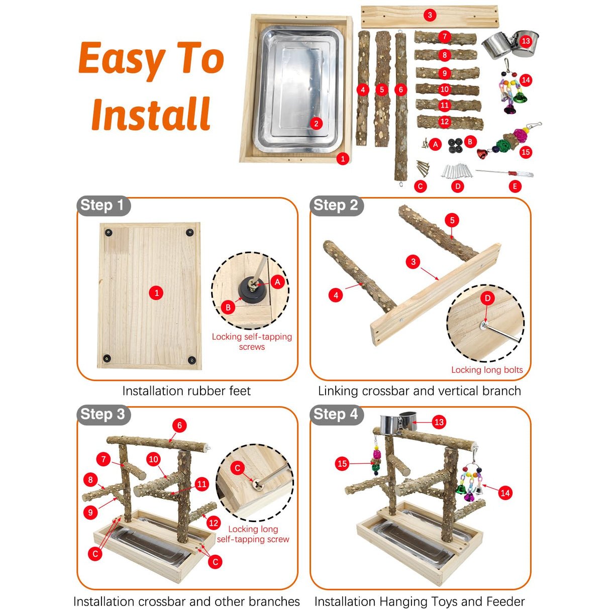 BNOSDM Natural Wood Bird Playground for Training & Playing, Parrot Perch Stand Jungle Gym with Detachable Tray & Stainless Feeder Cups Parakeet Cage Playstand for Budgie, Cockatiel, African Grey