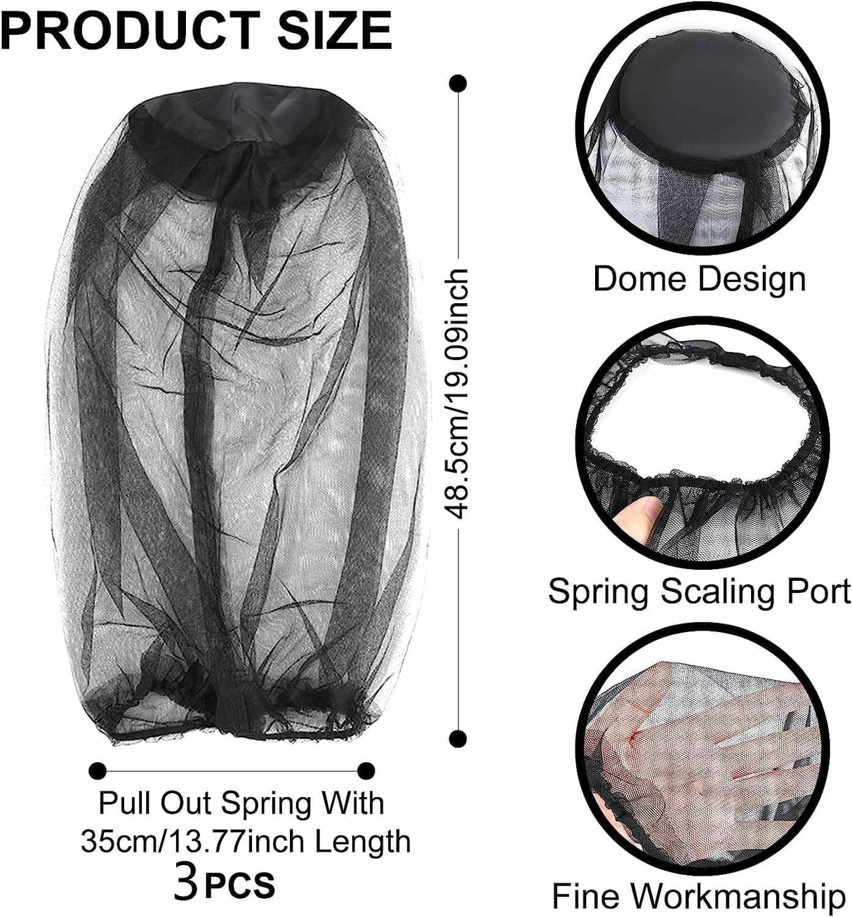 Mosquito Head Mesh Nets Gnat Face Netting for No See Ums Insects Bugs Gnats Biting Midges from Any Outdoor Activities, Works Over Most Hats Comes(Total 3pcs, Black, Gray, Military)