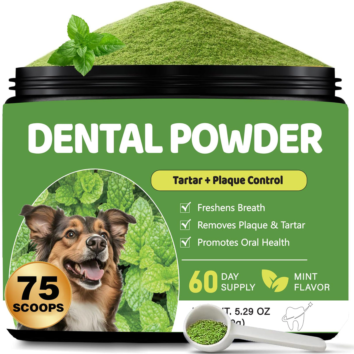 Dog Dental Powder, Teeth Cleaning Powder for Dogs, Plaque & Tartar Remover for Pet Oral Care - Fresh Breath & Teeth Cleaning Made Easy - Natural Herbal Blend + Probiotics - 75 Servings(150g) (Mint)