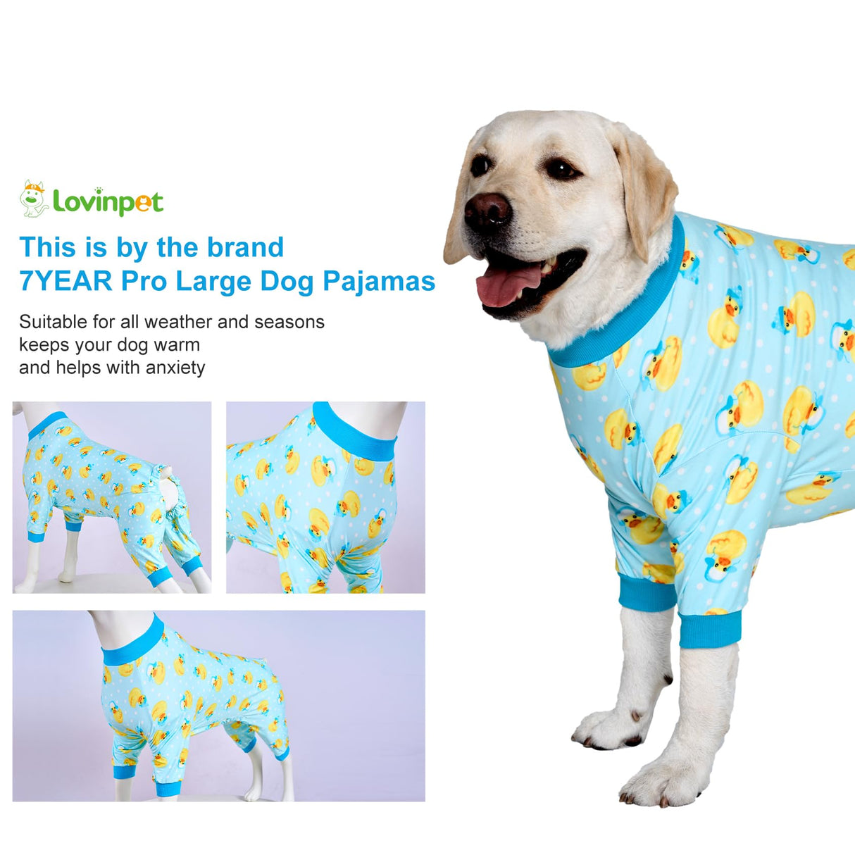 LovinPet Big Dog Wound Care/Surgery Recovery Shirt, Pet Anxiety Shirt, Lightweight Stretchy Knit Fabric, Rubber Ducks with Hats Blue Print Dog Pjs, Dog Pajamas, Pet PJ's/XL