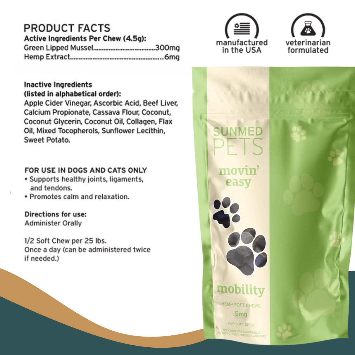 Sunmed Movin' Easy Hemp Pet Chews for Joint Health & Mobility – Omega-3, Green Lipped Mussels, 5mg Hemp Extract – Supports Flexibility & Comfort | Beef Liver & Sweet Potato, 40 Count