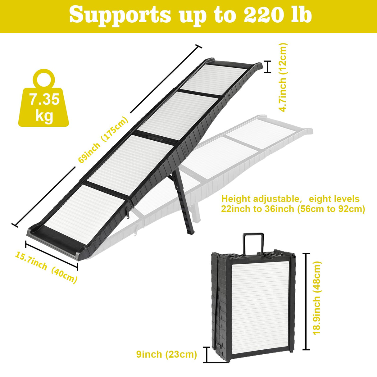 BAQTALE Foldable Dog Ramp for Cars – 68.89" L x 15.74" W, Supports 220 lbs, 8 Adjustable Heights with Support Legs, Non-Slip Surface, Portable Pet Ramp for Large Dogs, Folds to Carry-On Size