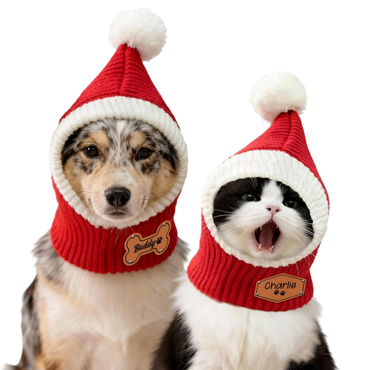 DYOART Custom Dog Beanie with Leather Patch Name, Personalized Santa Hat for Dog, 2025 Christmas Hats for Dog & Cat, Pom Pom Winter Hat for Small Medium Large Dogs Cats