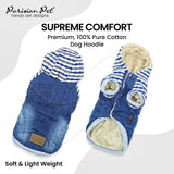 Parisian Pet Basic Dog Hoodie - Lightweight Denim Striped Sweatshirt with Leash Hole and Pockets - Blue Cotton Clothes for Medium Dogs - M