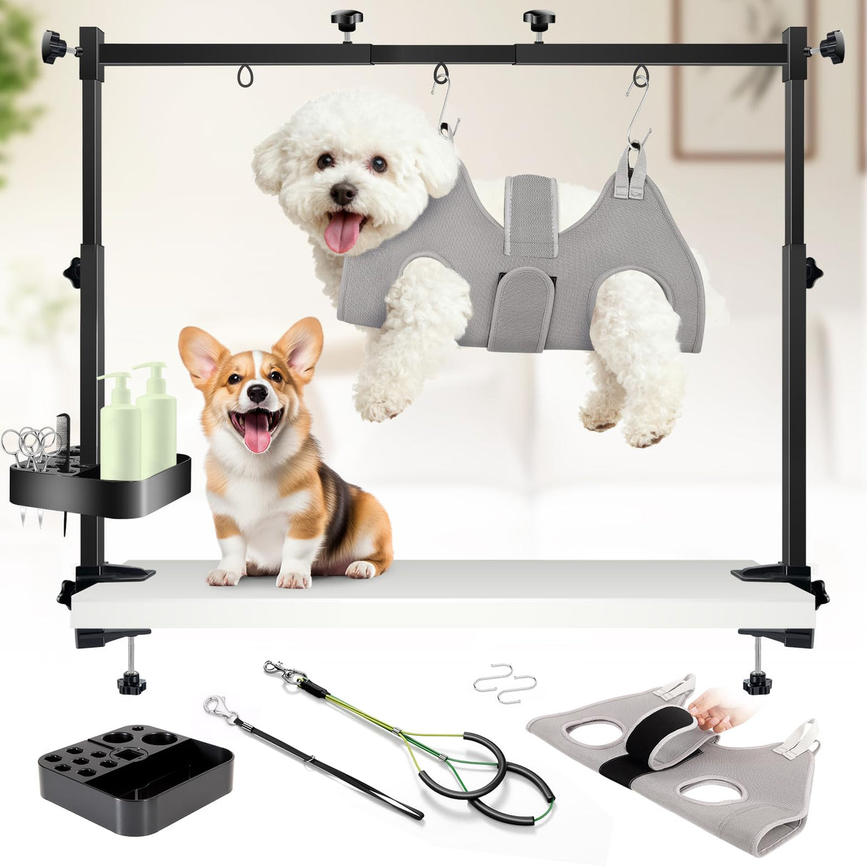 Adjustable Dog Grooming Arm for Table,Dog Grooming Arm with Clamp,32-47 Width&35 Height,Dog Grooming Table for Small Dog,Dog Grooming Station for Home Use Nail Trimming&Drying(Hammock Included)