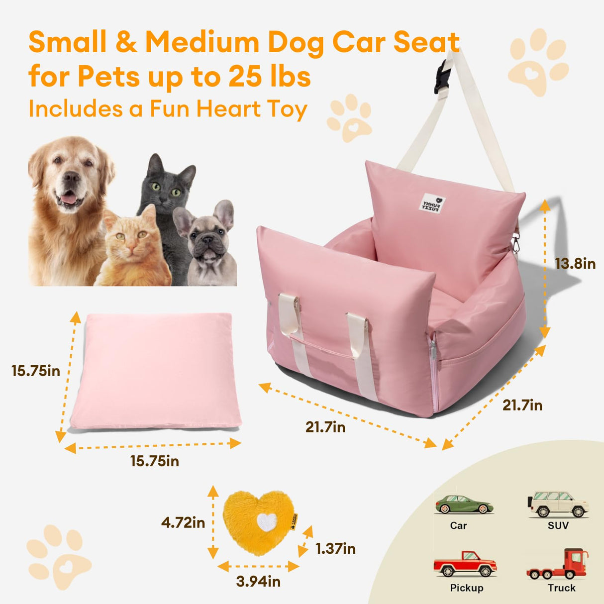 FUNNY FUZZY Dog Car Booster Seat for Small/Medium Dogs up to 25lbs – Waterproof, Non-Slip Base, Safety Leash & Fully Washable Design for Safe and Comfortable Travel (Pink)