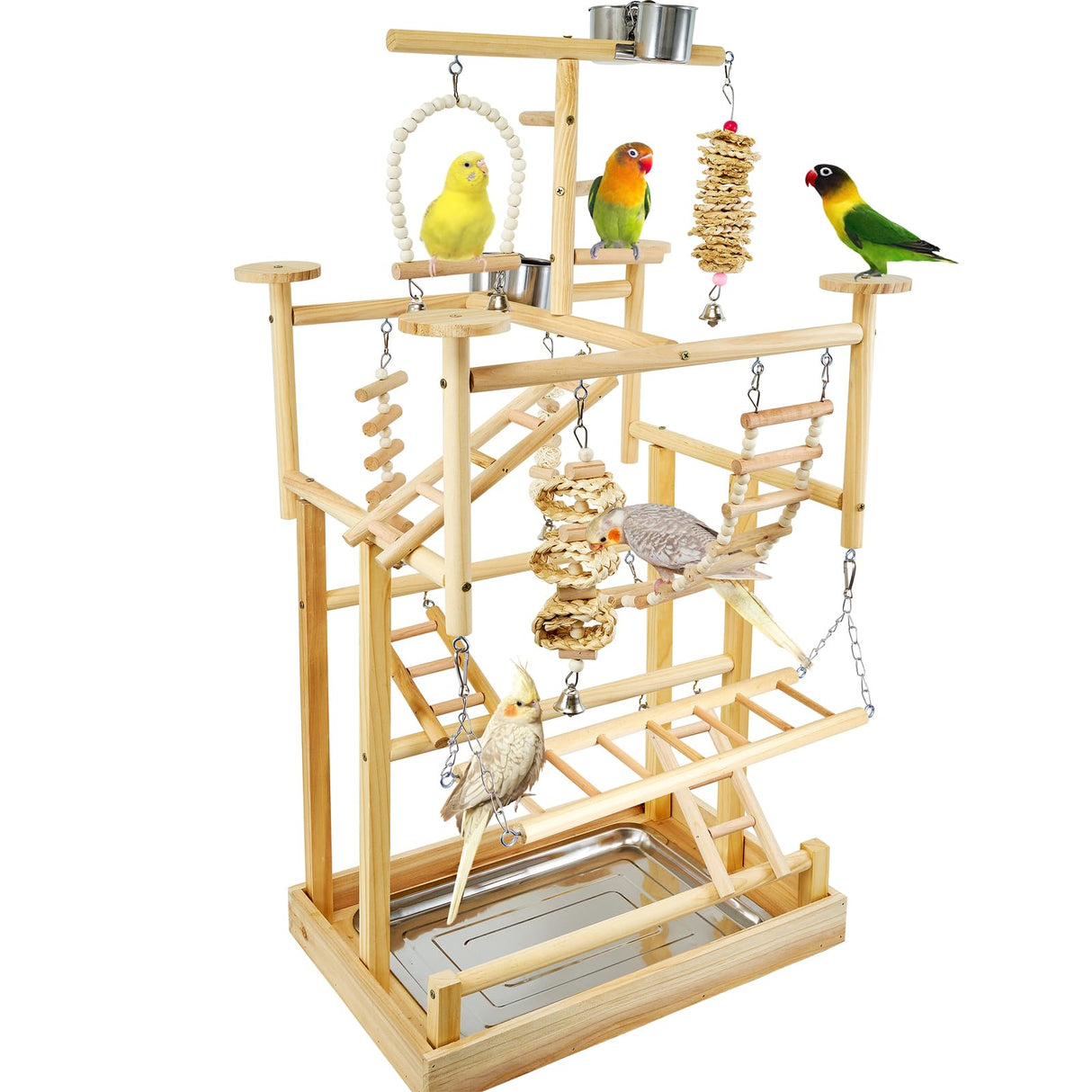 LIMIO Bird Playground - Natural Wood Parrot Playstand with Perches, Bird Play Gym & Accessories, Removable Tray & 4 Stainless Steel Cups