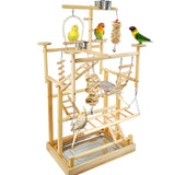 LIMIO Bird Playground - Natural Wood Parrot Playstand with Perches, Bird Play Gym & Accessories, Removable Tray & 4 Stainless Steel Cups