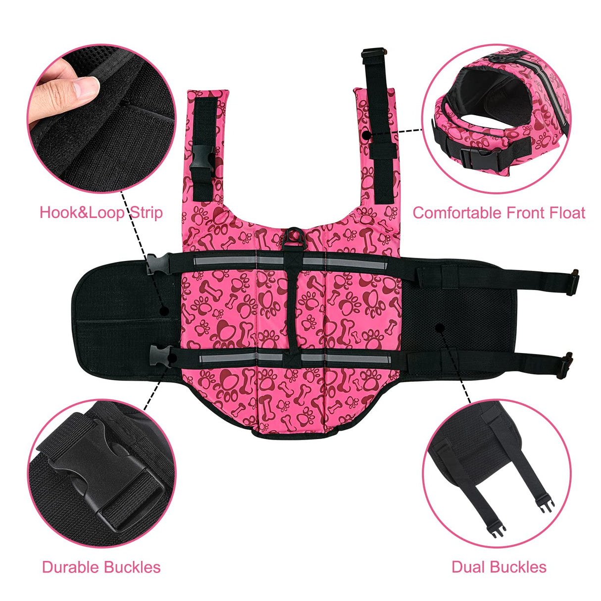 HAOCOO Dog Life Jacket Vest Saver Safety Swimsuit Preserver with Reflective Stripes/Adjustable Belt Dogs?Pink Bone,XL