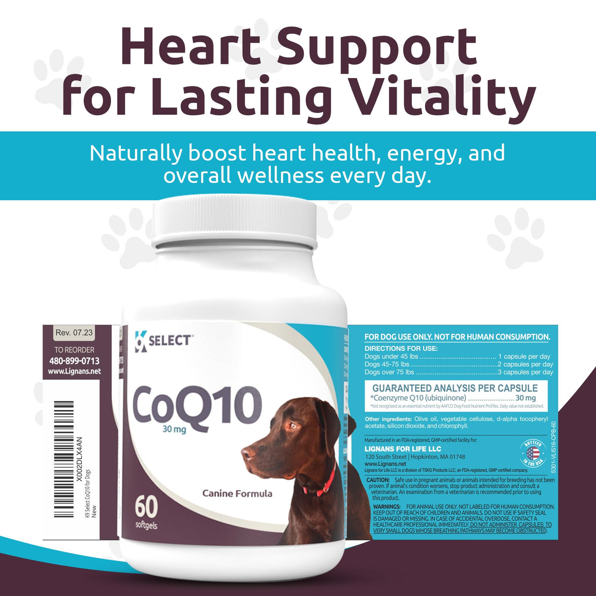 K9 Select CoQ10 Supplement for Dogs, 30mg - 60 Soft Gels per Bottle - Pet Supplement, Nutritional Softgels for Canine Heart Health, Cardiovascular & Gum Health, Energy