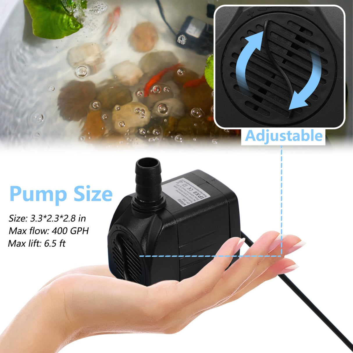 alizzy 400GPH 25W Submersible Water Pump, Auto Shut-off Water Fountain Pump with 6.5ft. High Lift and 4.92 ft Tubing for Fountain, Aquarium, Hydroponic, Pond, Fish Tank, Pet Fountain, Water Feature