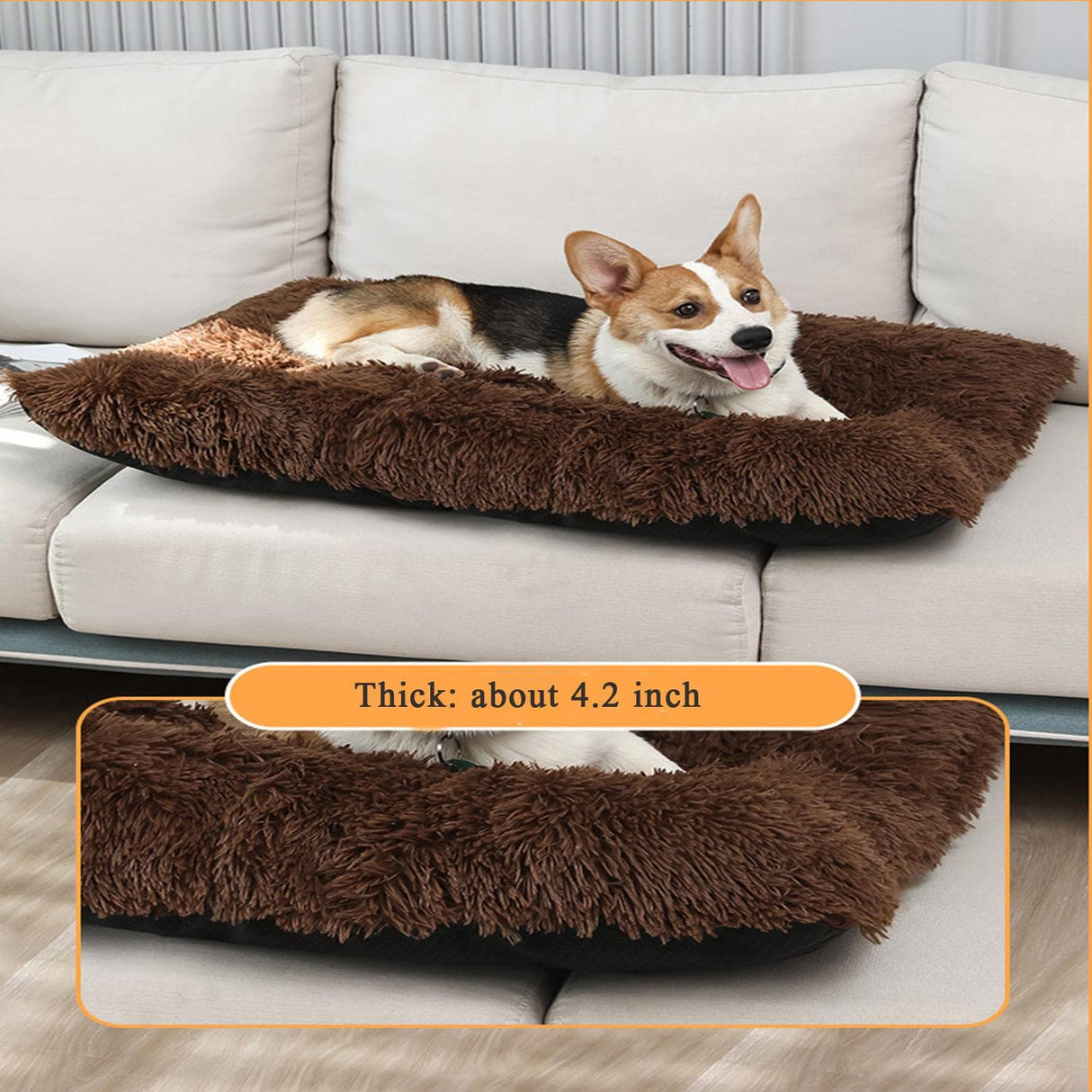 Dog Bed Plush Faux Fur Calming Pet Bed Washable Dog Crate Mat Anti Anxiety Self-Warming Dog Mats Cat Pad with Anti-Slip Backing for Large Small Medium Pet-20x15inch-Light Brown