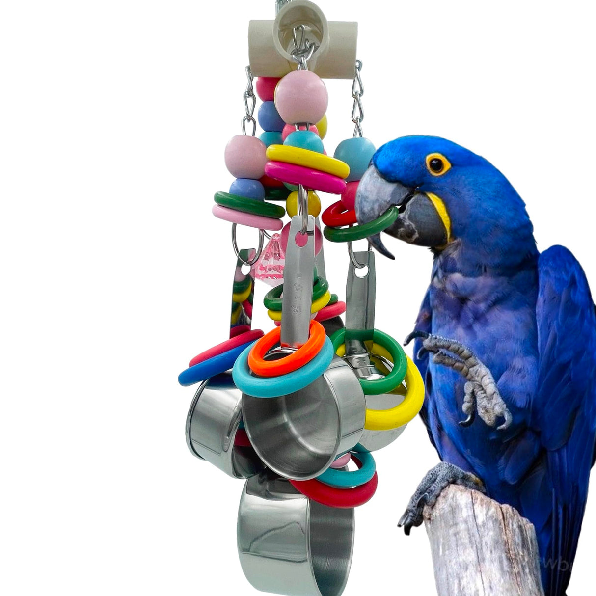 GILYGI Metallic Pots and Multicolored Ring Strings Toys, Pullable 5 Stainless Steel Cups and Wooden Ring Toys for Large and Extra Large Parrot Amazons Macaws African Greys Cockatoos Eclectus