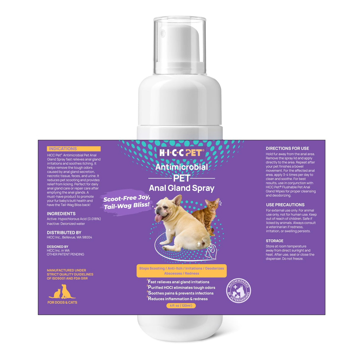 HICC PET Anal Gland Spray 4 oz, Hot Spot Spray Treatment for Dogs & Cats, Dog Anti Itch Spray, Soothing Inflamed Elimination Odor, Vet Recommended for Anal Gland Support