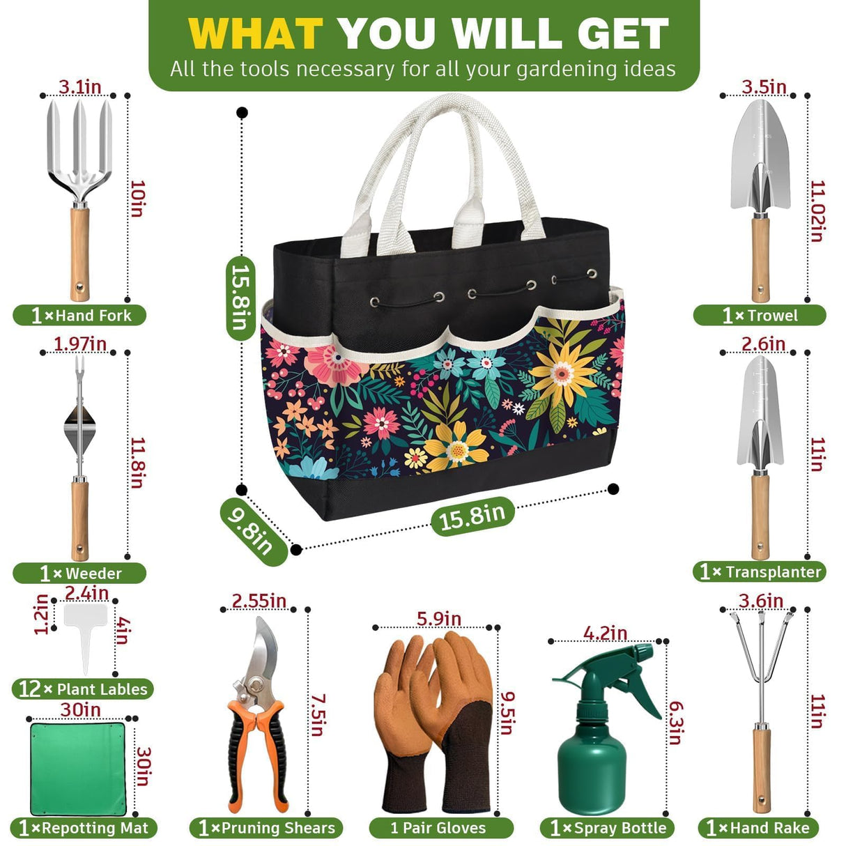 22Pcs Gardening Tools Set for Women Heavy Duty Garden Hand Tool Kit Garden Gifts for Mothers Day Mom Beginner Gardening Accessories with Tote Bag/Shovel/Repotting Mat/Plant Labels/Gloves-Black