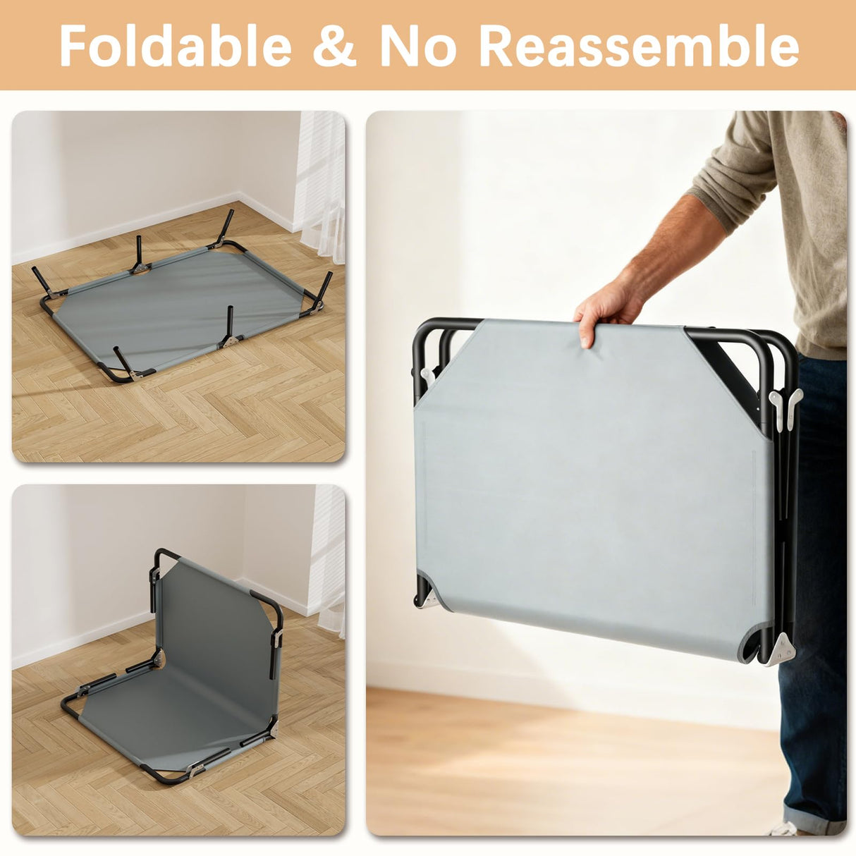 Folding Elevated Dog Bed for Large Dogs, Portable Raised Camping Outdoor Dog Bed, Washable Elevated Pet Beds with No-Slip Feet, Raised Cooling Pet Beds for Indoor & Outdoor Use, Grey, 44 Inches