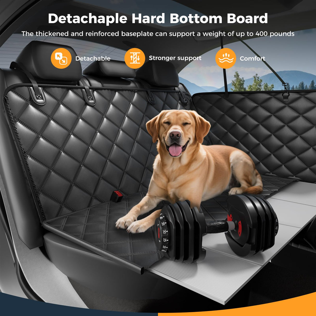 Dog Car Seat Cover for Back Seat, Hard Bottom Back Seat Extender for Dogs - Supports 400lbs,New Waterproof, Scratch Resistant, Anti Slip Portable Dog Hammock,Suitable for Cars, SUVs and Trucks(black)