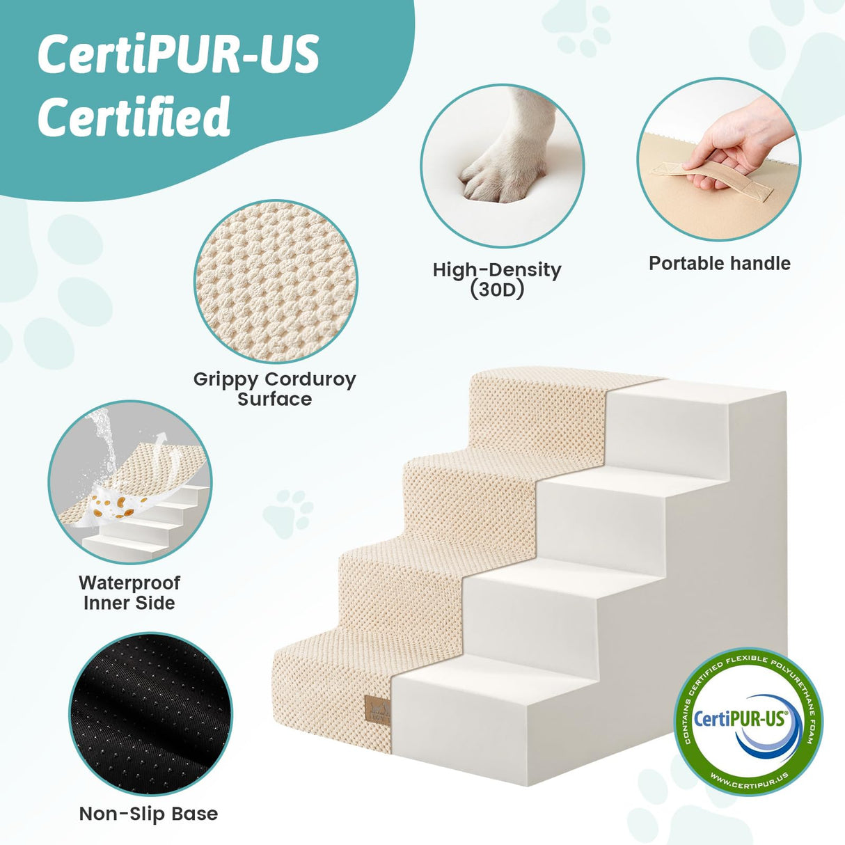 COZY KISS Dog Stairs for Small Dogs 15.7" H, 4-Step Gentle Incline Pet Step for Couch Sofa, Non-Slip Right-Angle Dog Ramp for Puppy Doggie Senior Cats, 15.7x23.6x15.7 Inch, Beige