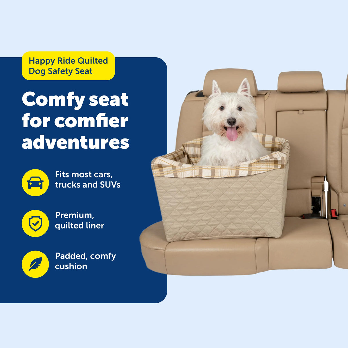 PetSafe Happy Ride Quilted Dog Safety Seat - Dedicated Pet Car Seat for Safer Travel - Elevated Pet Booster for Window Views - Machine Washable Removable Cover - Fits Most Cars