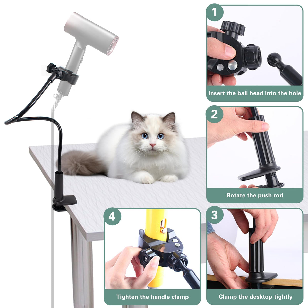 JoyHuaTrade Dog Hair Dryer Holder, Black Alloy Adjustable Lazy Hair Dryer Hands Free Stand with 360° Rotatable Clamp for Pet Dog Cat Grooming