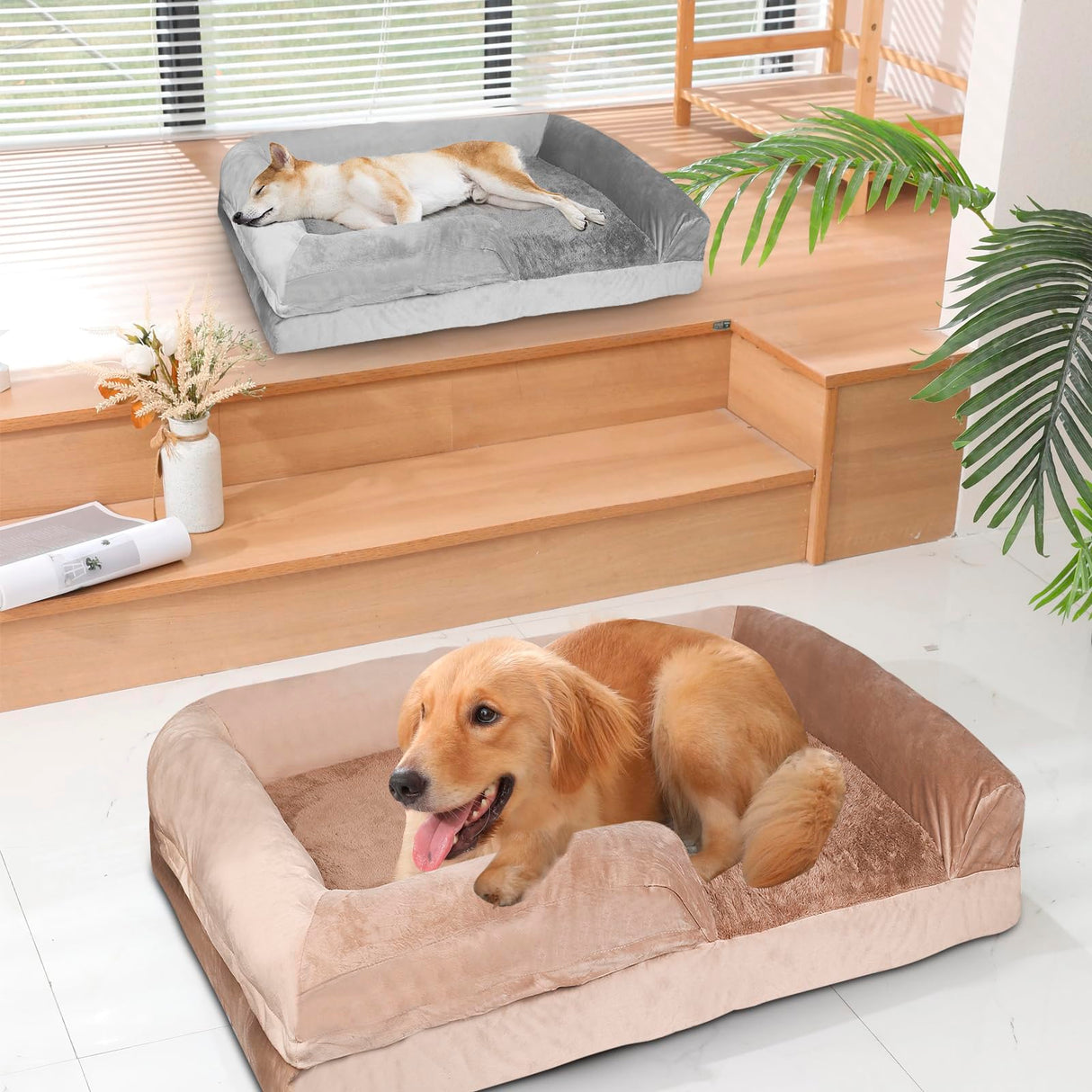 Orthopedic Bolster Dog Bed, Waterproof Lining Dog Bed with Egg-Crate Foam Sofa, Non-Slip Bottom Dog Couch with Washable Removable Cover for Medium Large Extra Cat Dog (35x25x7.1 inches, Brown)