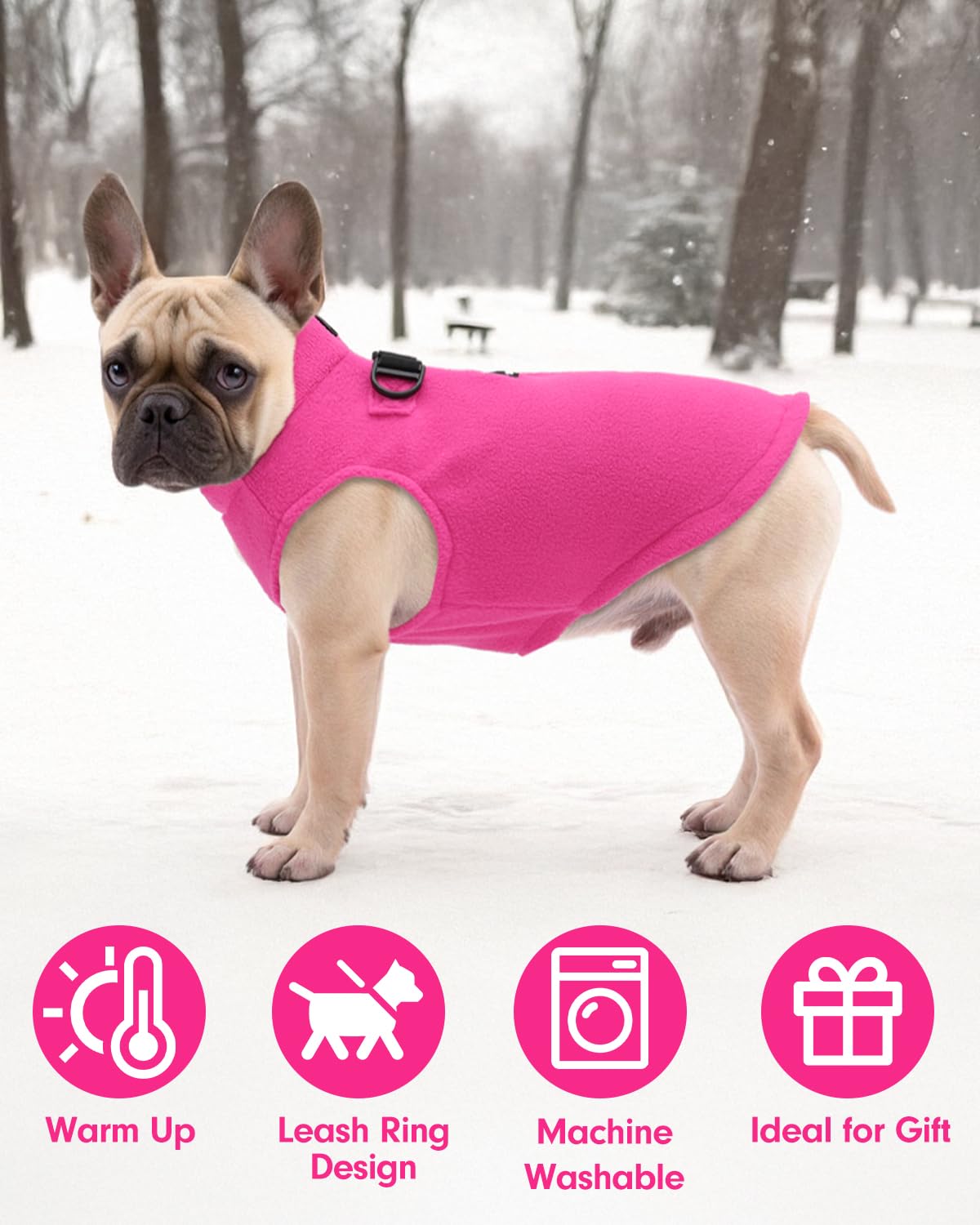 CuteBone Fleece Dog Vests Pink with Turtleneck, Half Zip-Up & Pullover Winter Sweaters Shirts for Small & Medium Dogs - Warm Thermal Jackets with D-Ring, Ideal for Cold Weather DZBX01XL