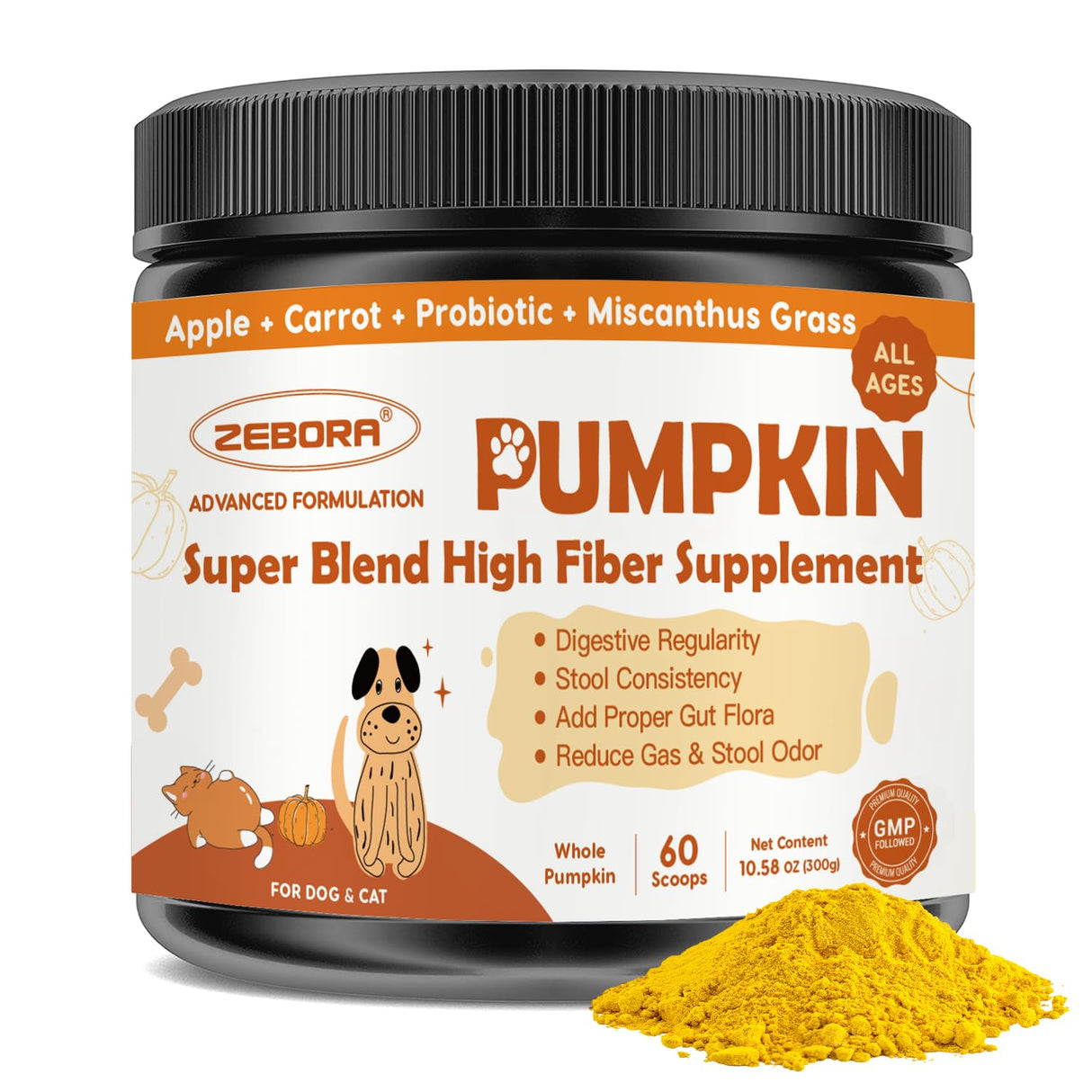 ZEBORA Pumpkin for Dogs - Natural Fiber for Dogs and Cats, Apple, Dog Probiotics for Digestive Health, Support Firm Stool, Diarrhea, Constipation, Add Water to Make Pumpkin Puree for Dogs, 10.58 oz