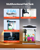 VEVOR Fish Tank Aquarium, 2 Gallon LED Square Ultra-Clear Glass Tank Temperature Monitoring Adjustable 7 Color Lighting, Self Cleaning System Fishbowl for Freshwater & Saltwater Fish Home,Office,Pet