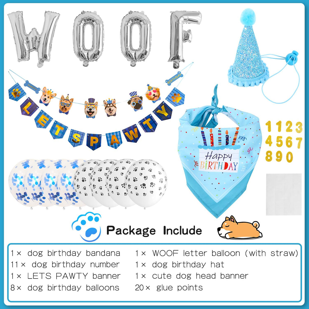 Zaabaazina Dog Party Supplies - Blue Dog Bandana, Birthday Hat, Banner, Balloons for PAWTY & WOOF Decorations