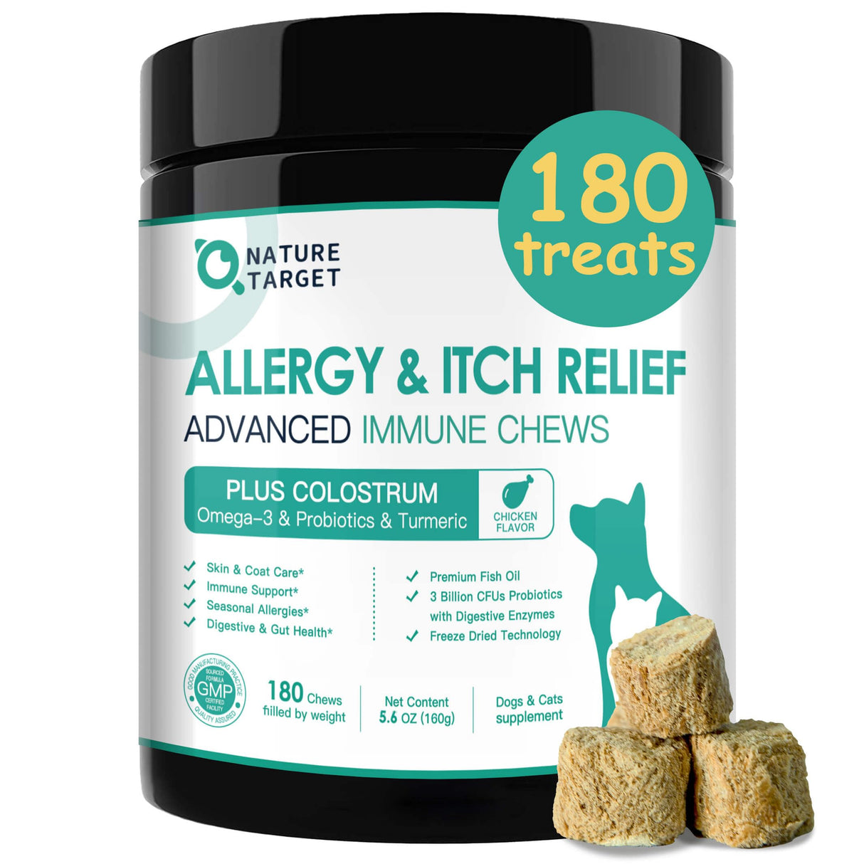 NATURE TARGET Dog Allergy Chews - Dog Allergy Relief, for Skin, Coat, Anti-Itch, Seasonal Allergies, Scratching, Pawlicking, 180 Freeze Dried Chews