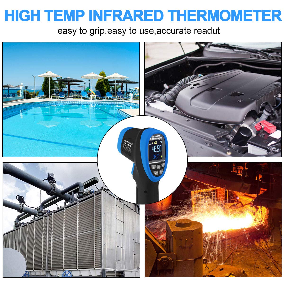 Infrared Thermometer AP-1500C Color LCD High Temp Thermometer Pyrometer IR Temperature Gun -58℉- 2732℉ (-50℃ to 1500℃),30:1 Distance Spot Ratio,Dual Laser and Flashlight（NOT for Human）