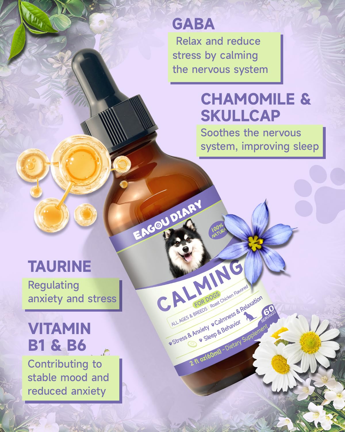 Dog Calming Drop – Anxiety Stress Relief for Dogs,Separation, Fireworks, Storm,Thunder Anxiety Support,Sleep Aid Dog Calming Supplement, GABA, L-Tryptophan, L-Theanine, Chamomile 60ML Calming for Dogs
