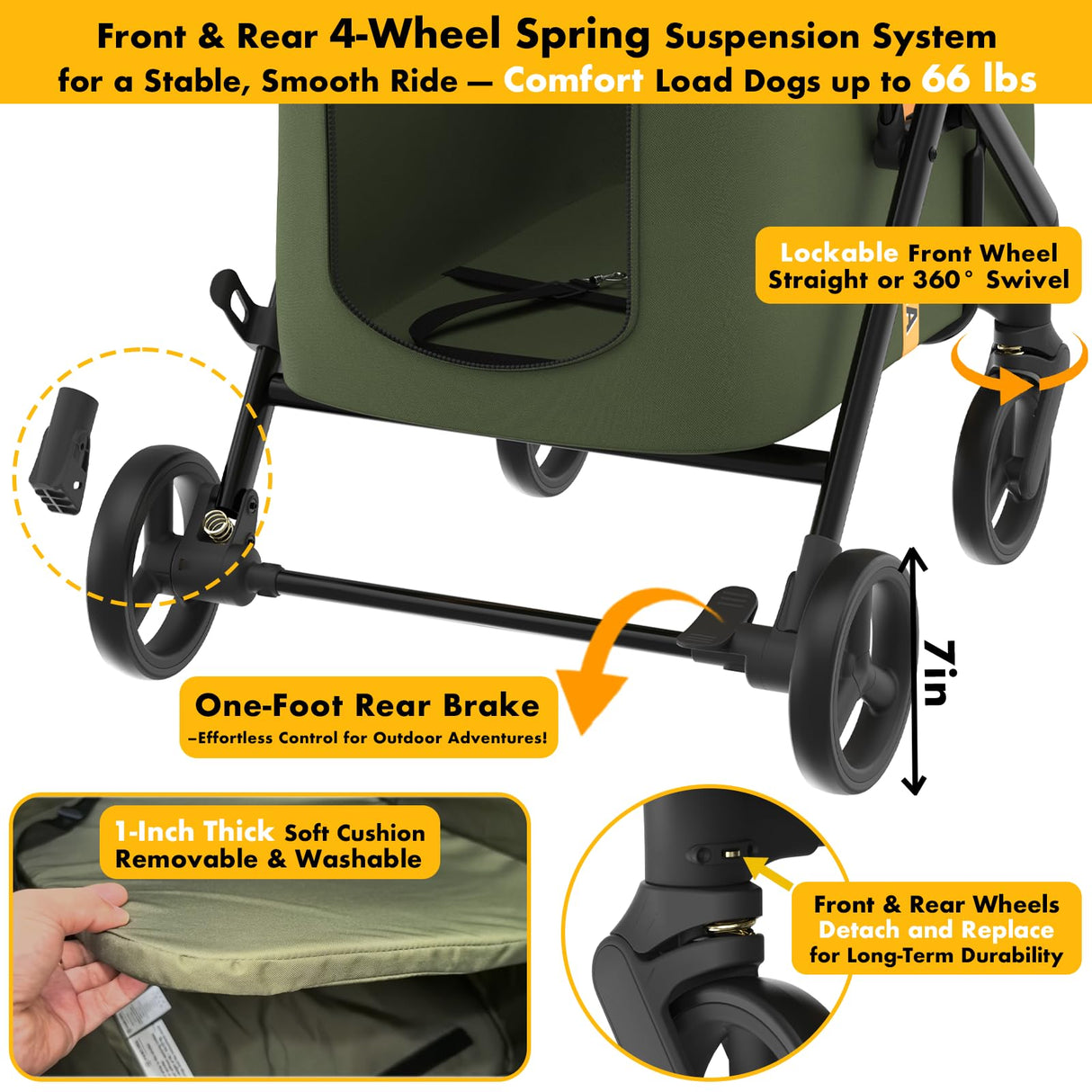 PAWZIDEA Large Dog Stroller up to 80 lbs, No-Zip 180° Reversible Canopy Lockable, Heavy Duty Pet Stroller for 2 Medium Dogs One-Hand Foldable, Low-Entry, All-Terrain Jogger Wheels, Storage Organizer