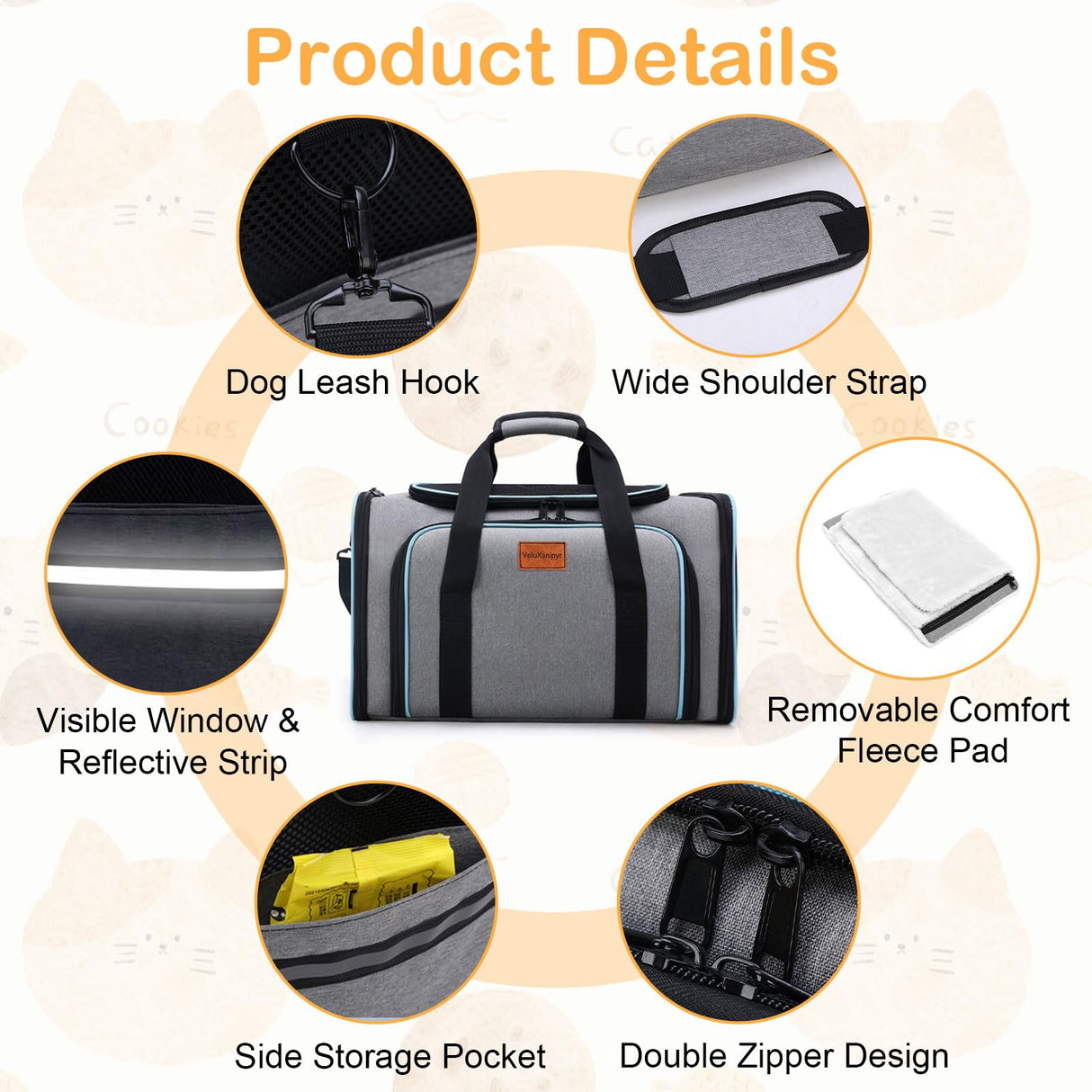 VeluXanipyr Expandable Airline Approved Pet Carrier, Soft-Sided Travel Bag for Small Cats Dogs with Hard Shell Base, Removable Fleece Pad, Ventilated Mesh, Gray (Blue Trim)