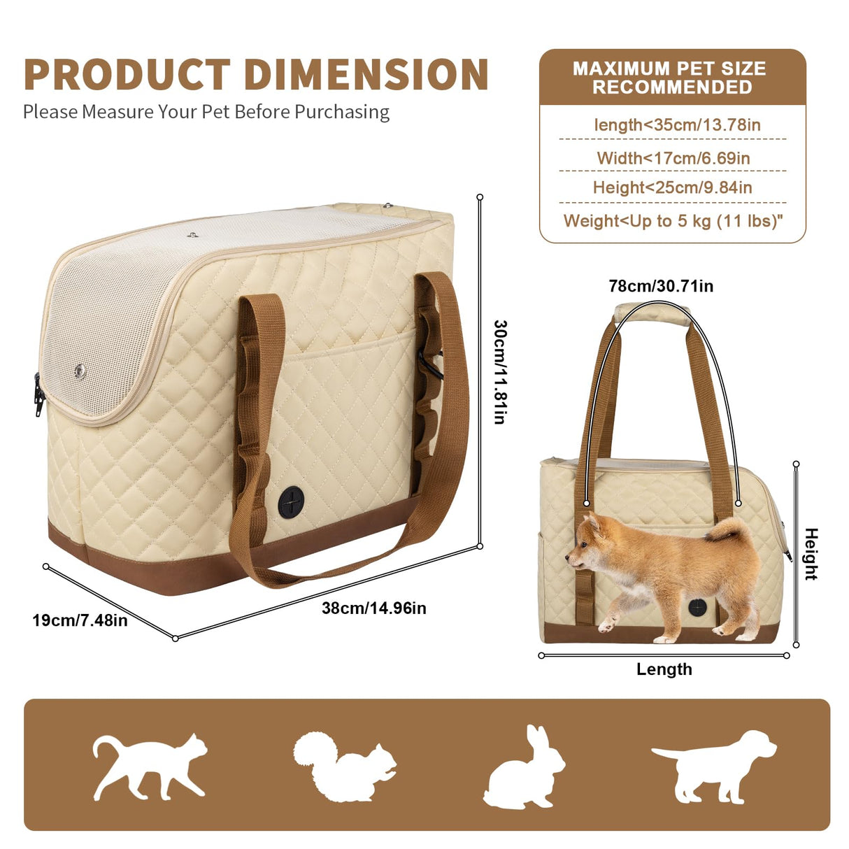Dog Purse Carrier for Small Dogs, Soft Sided Pet Carrier with Pockets, Foldable Dog Carrier Purse for Puppy, Rabbit, Cat, Washable Breathable Pet Carrier, Dog Carrier Bag for Outdoor Shopping Travel
