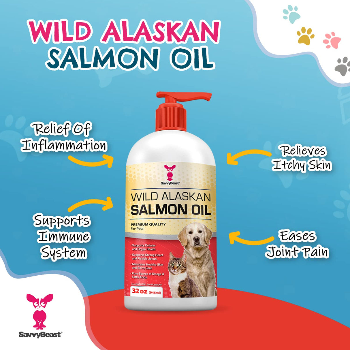 SavvyBeast Wild Alaskan Salmon Oil for Dogs, Cats & Ferrets – Omega-3 Fish Oil Pet Supplement with EPA & DHA – Supports Skin, Coat, Joints, Heart, Brain, Itch Relief & Immune – Unscented – 32 oz