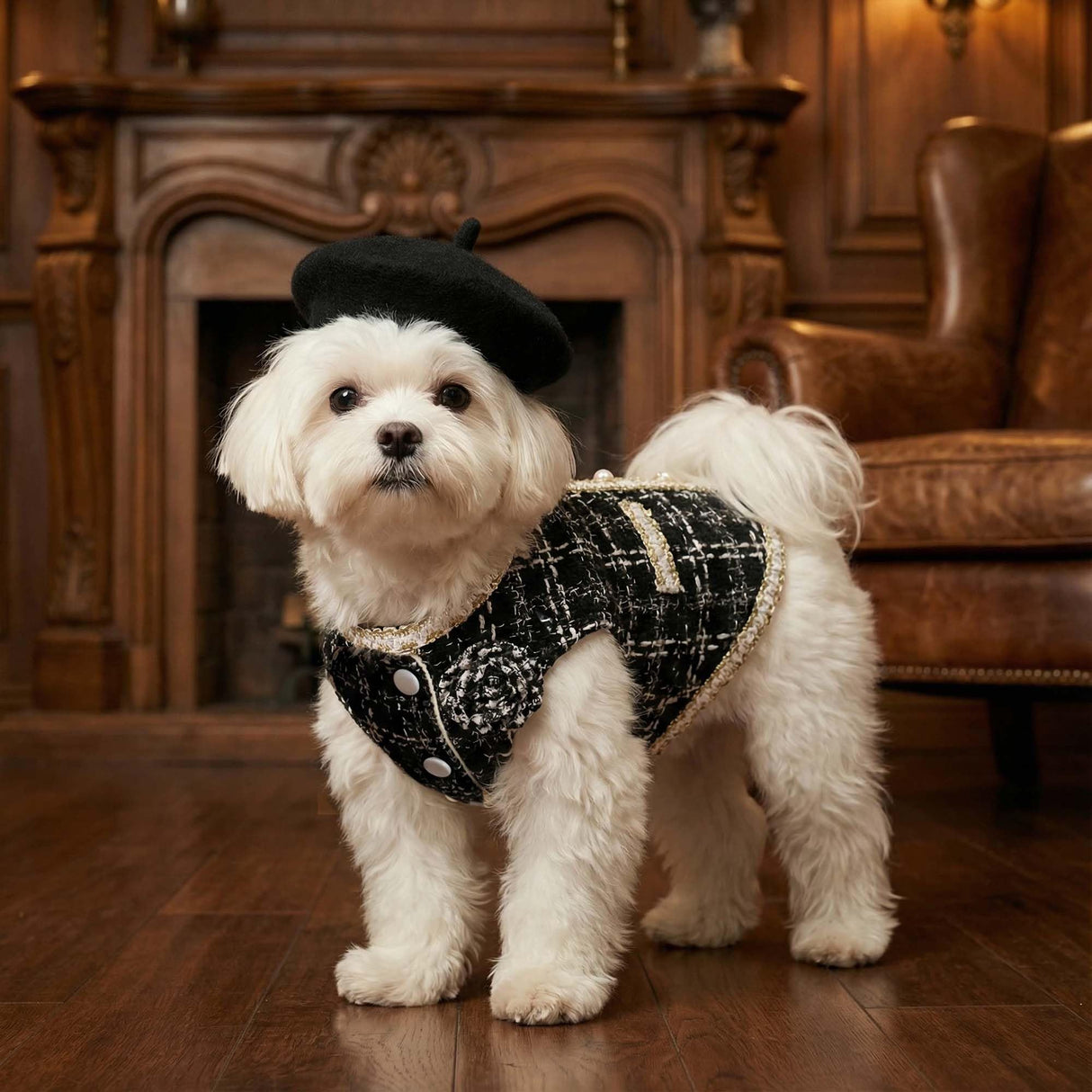 Luxury Dog Clothes Tweed Suits and Beret Hat,Black Winter Warm Pet Coat Vintage Jacket Vest,Cat Artist Costume Cosplay Party Outfits for Small Medium Dogs,XS