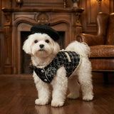 Luxury Dog Clothes Tweed Suits and Beret Hat,Black Winter Warm Pet Coat Vintage Jacket Vest,Cat Artist Costume Cosplay Party Outfits for Small Medium Dogs,XS